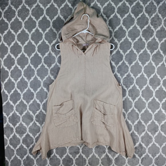 Enzo Miccico Tops - Enzo Miccico Tunic Top Women XL Beige Linen Asymmetrical Sleeveless Hooded ITALY